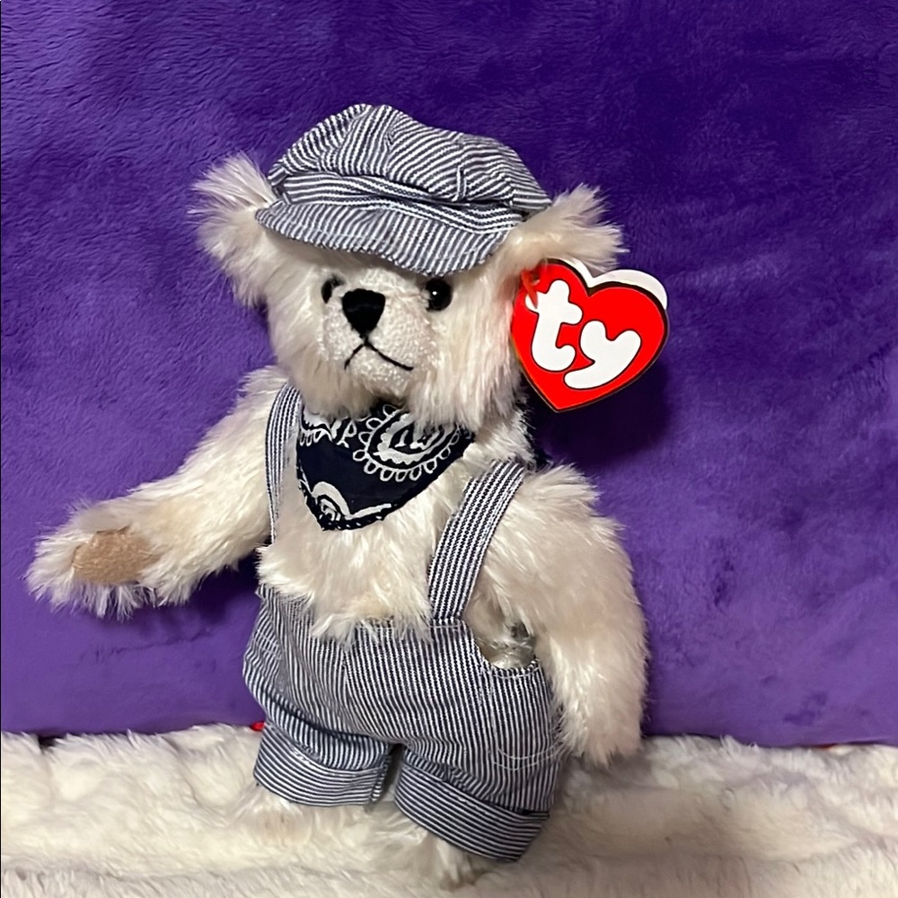 Ty Attic Treasures Caboose the Jointed Bear Blue Striped Outfit  2000